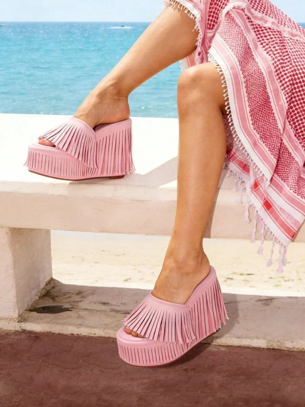 Pink Bohemian Women's Wedge Platform Sandals Slip-On Chunky Slide Open Toe Heels